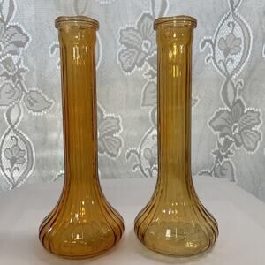 Orange Amber Marigold Vases Glass Slim Vases Pair 8.5 " x 3"